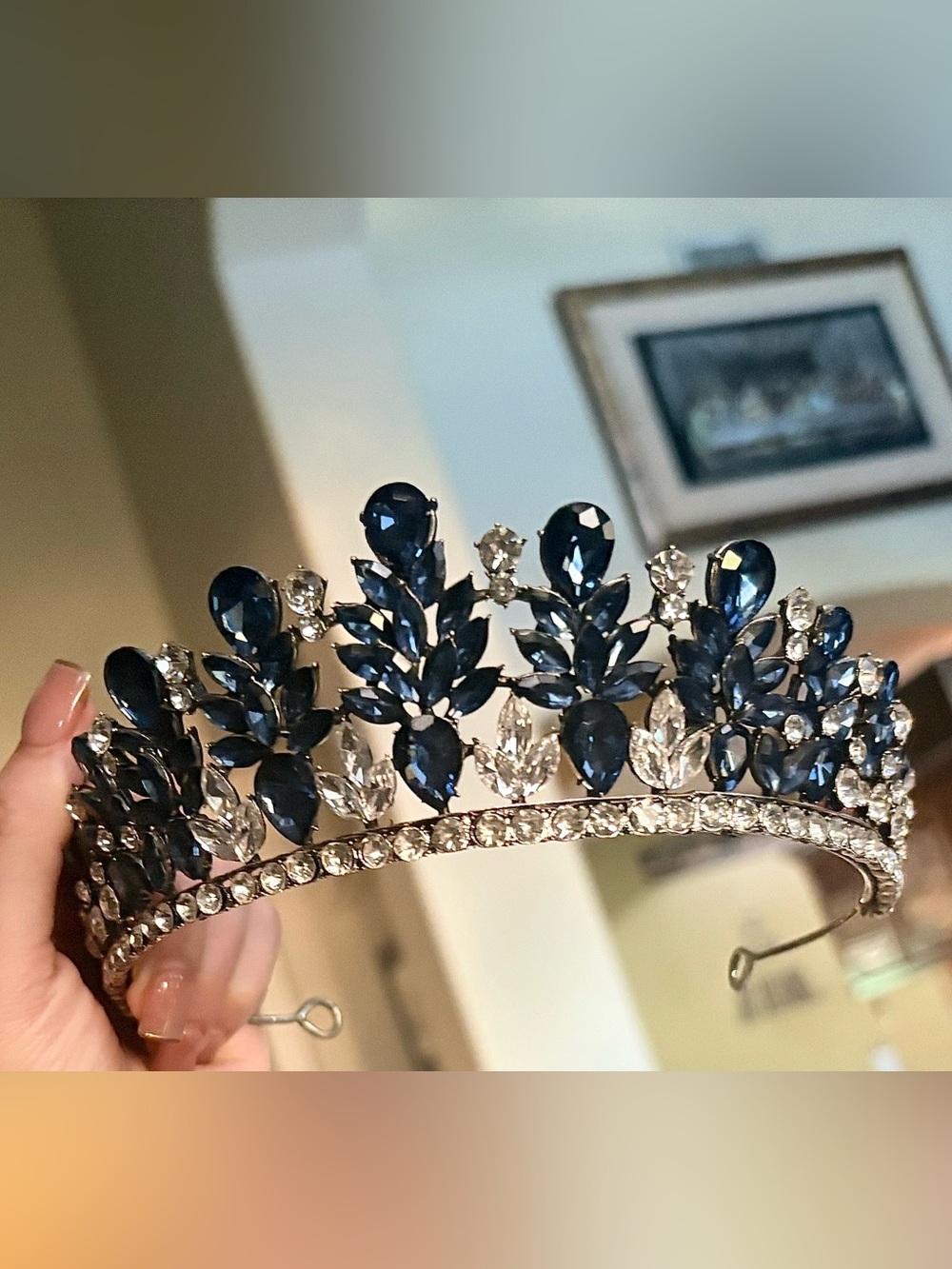 Elegant Navy Blue Crystal Tiara Crown - Women Accessories with bouquet
